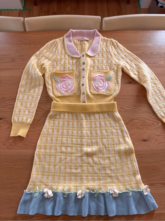 Lacemade Dresses & Skirts - Lacemade Yellow flowered Knit Skirt with Blue Ruffle Hem & Matching Sweater Set
